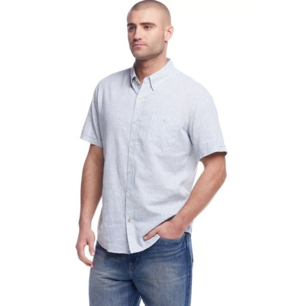 Weatherproof Men's Short Sleeve‎ Linen Cotton Button Down Shirt Bleach Denim LG